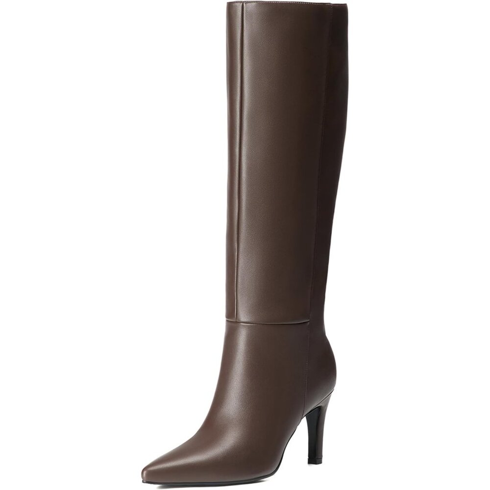 Women's Brown Knee High Boots Pointed Toe Stiletto Tall Side Zipper Dress